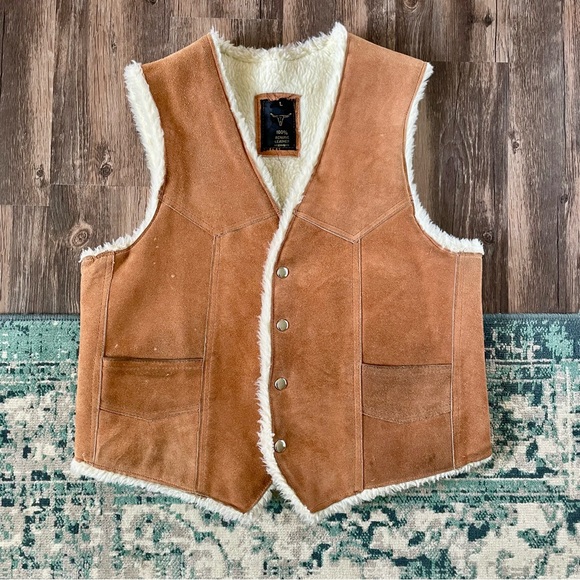 Vintage Other - Vintage Caramel Brown Suede Leather Vest Cream Sherpa Lining Large Western